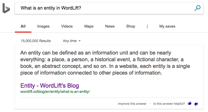 Instant Answer Bing - What is an entity in WordLift