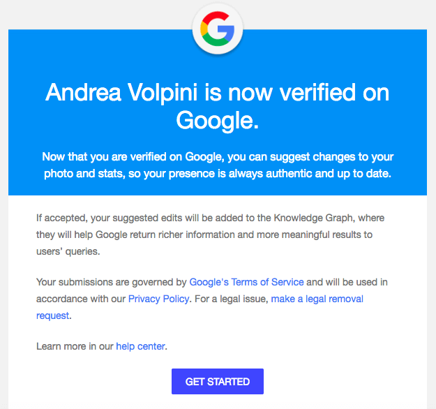 The email from The Google Search Team after being verified.