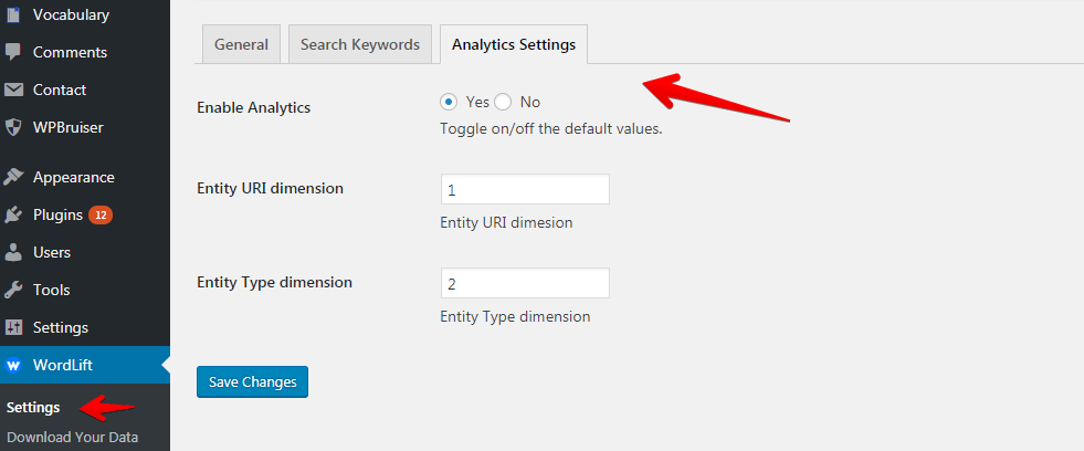 Enable analytics settings WordLift